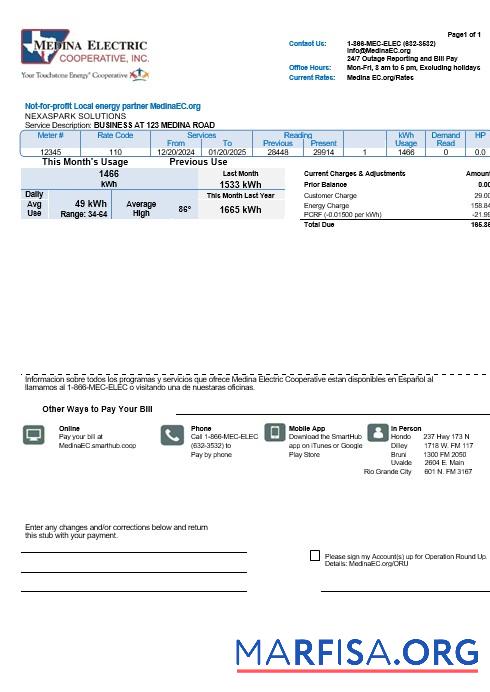 Downloadable USA Texas Medina Electric business utility bill template in Word and PDF formats